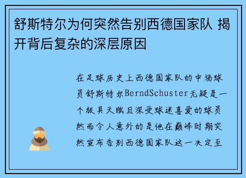舒斯特尔为何突然告别西德国家队 揭开背后复杂的深层原因 舒斯特尔为何突然告别西德国家队 揭开背后复杂的深层原因