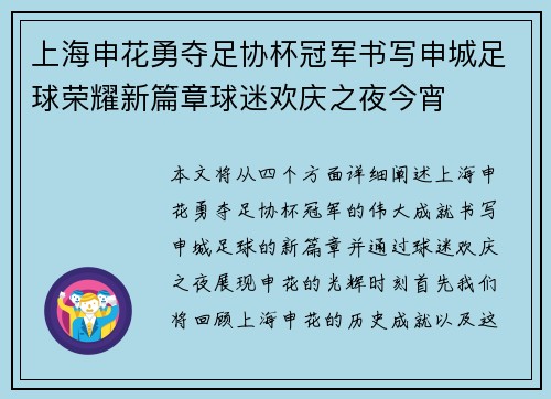 上海申花勇夺足协杯冠军书写申城足球荣耀新篇章球迷欢庆之夜今宵